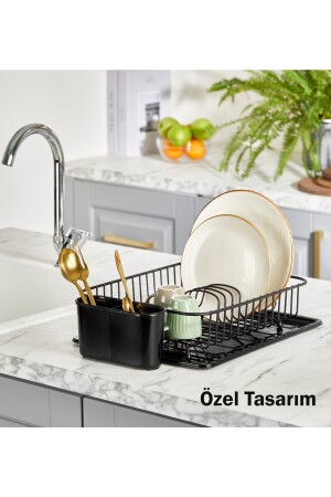 088 Mat Siyah Modern Tabaklık Kaşıklıklı Tepsili Oval Bulaşıklık - 4