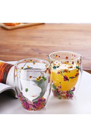 1 Adet Çiçekli Isıya Dayanıklı Borosilikat Çift Çidarlı Flower Cup Çiçekli Kahve Sunum Bardağı - 2