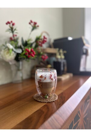 1 Adet Çiçekli Isıya Dayanıklı Borosilikat Çift Çidarlı Flower Cup Çiçekli Kahve Sunum Bardağı - 8