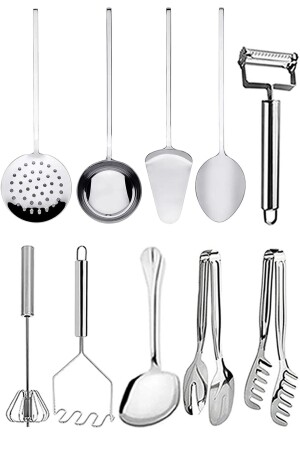 10 Parça Paslanmaz Çelik Spatula Kevgir Kepçe Kaşık Çırpıcı Çeyiz Hazırlık Seti TRV5SVST004111 - 1