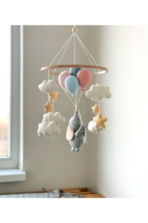 100 % handgefertigtes Babybett-Ornament-Mobile für Mädchen und Jungen mit niedlichem Elefanten, Sternen und Luftballons 876248765 - 2