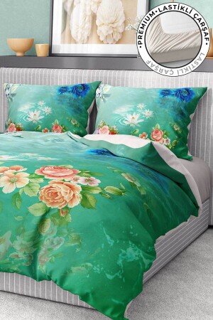 %100 Pamuk Saten Nevresim Takımı Lastikli Çarşaf Deluxe Çift Kişilik 3d Flowers premium2044HF - 4