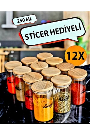 12 Adet 250 ml Etiketli Bambu Kapaklı Cam Bahararatlık(12 PARÇA 250 ML BAHARAT SAKLAMA KAVANOZ SETİ) 130287 - 3