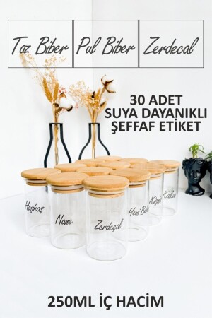 12 Adet Bambu Kapaklı Borosilikat Baharatlık Kavanoz 30 Adet Suya Dayanıklı Şeffaf Etiket-6x11-250ml Szk-bb.sf1 - 4