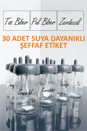 12 Adet Kapağı Kendinden Kaşıklı Baharatlık Seti Ve 30 Adet Suya Dayanıklı Şeffaf Etiket-300ml Szk-kk - 4