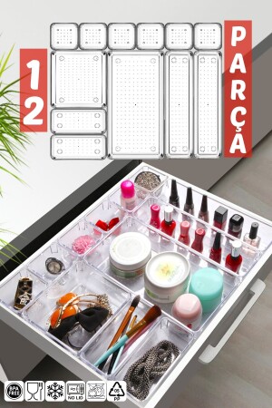 12 Parça Çekmece İçi Punto Drawer Düzenleyici Organizer ŞEFFAF - 1