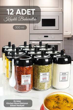 12-teiliges Gewürzdosen-Set mit Deckel, Löffel und Etikett, 300 ml beschriftetes Glas-Gewürzset kitchenmood1 - 2