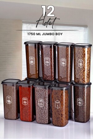 12'li Jumbo Boy Etiketli Square Kare Erzak Saklama Kabı Seti 1750 ml - Sert Kapak Büyük Kavanoz MCH09175 - 2