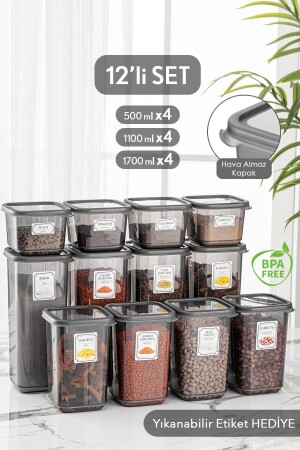 12'li Set Pino Etiketli Kare Erzak Saklama Kabı Seti Antrasit 4x(0,50 LT-1,10 LT -1,70 LT) MCH-419 - 1