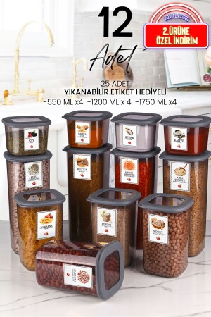 12'li Silikon Kapaklı Etiketli Kare Erzak Saklama Kabı Seti X4(550ML-1200ML-1750 ML) Hava Almaz TYC00434843974 - 1