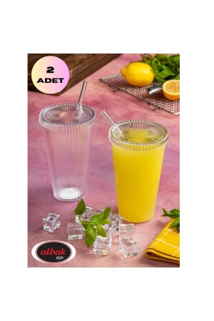 2 Adet 600 ml Isıya Dayanıklı Origami Desen Kapaklı Ve Pipetli Bardak Milkshake Ve Meşrubat Bardağı PTLBRDK000001 - 4