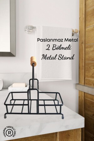 2 Bölmeli Çok Amaçlı Ahşap Kulplu Metal Stand Düzenleyici Organizer- Sıvı Sabunluk- Yağdanlık Standı - 3