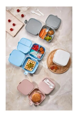 2 Katlı 4 Bölmeli Gri Premium Kiddy Lunch Box - Premium 3 1 Beslenme Çantası - Yemek Saklama Kabı O-2124 - 7