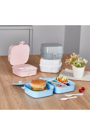 2 Katlı 4 Bölmeli Gri Premium Kiddy Lunch Box - Premium 3 1 Beslenme Çantası - Yemek Saklama Kabı O-2124 - 8