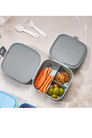 2 Schichten, 4 Fächer, graue Premium Kiddy-Lunchbox – Premium 3-in-1-Lunchbox – Frischhaltedose O-2124 - 1