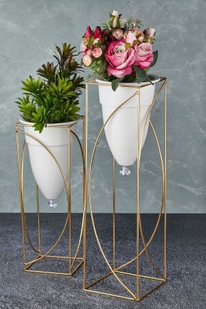 2-teiliger dekorativer weißer Blumentopf aus Metall mit goldenen Beinen - 3