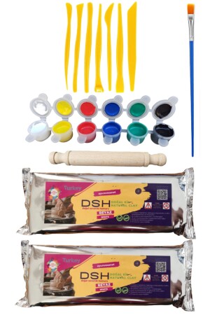 2-teiliges Keramik-Starter-Set, 6–7 Gläser, 2 Stück 1000 g Tonteig und 6-teiliges Big-Point-Set mit Farbe, Pinsel und Rolle - 1