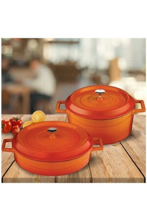 24 cm rund 28 cm flach 2-teiliges Topfset aus Gusseisen Orange BAGLI03099 - 4