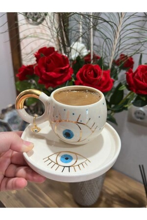 24K Gold vergoldete doppelte türkische Kaffeetasse mit bösem Blick MUGGOZ112 - 2