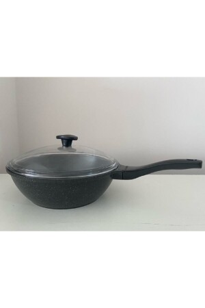 28 cm Wok-Pfanne mit Glasdeckel aus Gussgranit / Grau 005 - 1