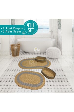 2er-Set aus Jute, Korbgeflecht, Fußmatte, Badematte, Badematten-Set und Badekorb HT-Banyo-R1 - 2