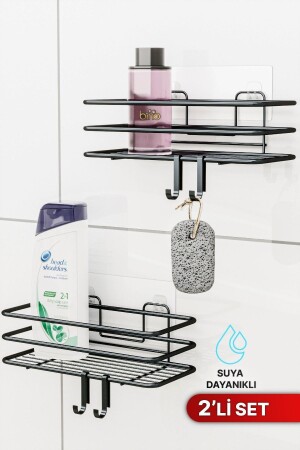 2er-Set Badezimmer-Organizer, Shampoo-Schale, mattschwarz, selbstklebend, 4 Kleiderbügel, Duschregal, Edelstahl-Organizer - 3