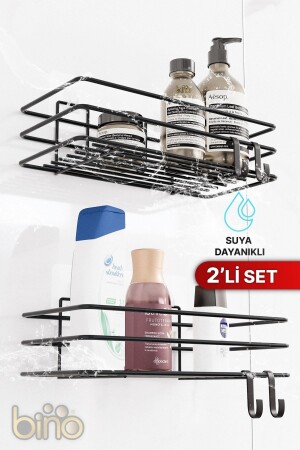 2er-Set Badezimmer-Organizer, Shampoo-Schale, mattschwarz, selbstklebend, 4 Kleiderbügel, Duschregal, Edelstahl-Organizer - 4