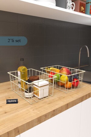 2'li Büyük Boy Lüks Sepet Mutfak Düzenleyici Banyo Organizer Tel Sepet Metal Organizer Meyve Sepeti - 3