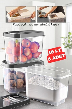 3 Adet 10 Lt Kolay Kayar Kapaklı Multibox Erzak Bakliyat Vs. Saklama Kabı Antrasit TYC00705440835 - 2