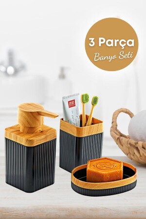 3 Parça Ahşap Desenli Banyo Seti Siyah (SIVI SABUNLUK, KATI SABUNLUK, DİŞ FIRÇALIK) GM00349 - 3