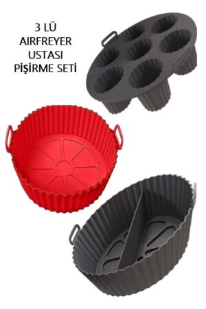 3 Parça Pratik Silikon Airfryer Pişirme Kağıdı Yonca- Muffin- Iki Bölmeli Fırın Mikrodalga Kap Hh - 1