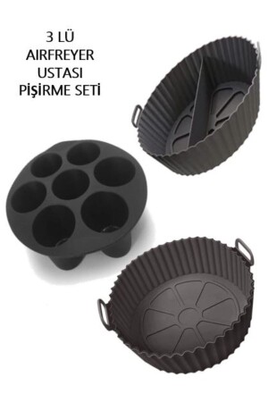 3 Parça Pratik Silikon Airfryer SİYAH Pişirme Kabı Yonca- Muffin- Iki Bölmeli Fırın- Mikrodalga Hh - 1