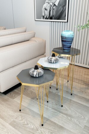 3-Sitzer-Nesting-Couchtisch, Gold-Serie, Modell Octagon, Nesting-Couchtisch, Metalldrahtbeine, GoldOctagonZigonM1 - 2