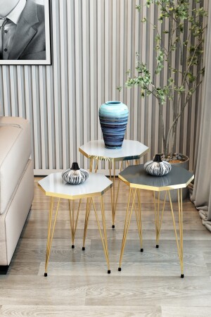 3-Sitzer-Nesting-Couchtisch, Gold-Serie, Modell Octagon, Nesting-Couchtisch, Metalldrahtbeine, GoldOctagonZigonM1 - 4