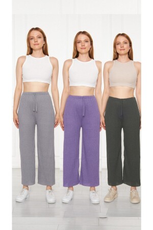 3-teilige Damen-Cordhose und -Trainingsanzug in Rauchgrau – Lila – Anthrazit, Freizeit-Pyjama für Zuhause K0109-001 - 3