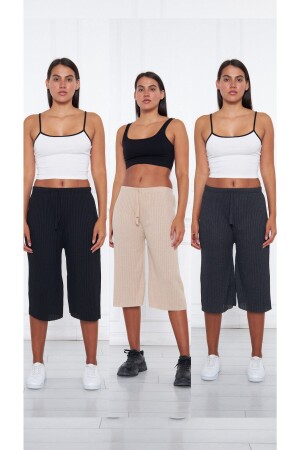 3-teilige Damen-Cordhose und -Trainingsanzug in Schwarz – Creme – Geräuchert, Freizeit-Pyjama für Zuhause K0109-002 - 3