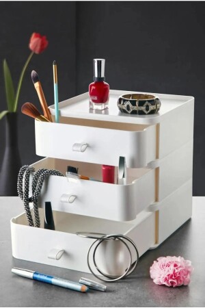 3-teilige Schmuck-, Make-up- und Kosmetik-Organizer-Schublade, Büro-Schreibtisch-Organizer, Weiß MFKS-OMS-3700-BYZ - 1