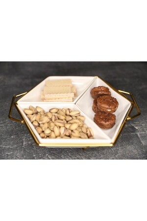 3-teilige weiße Frühstücks-Snackschale mit goldenem Ständer see-t004 - 1