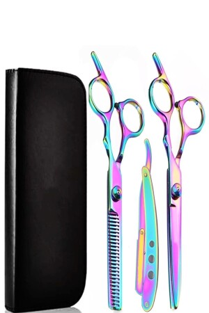 3-teiliges Friseurscheren-Set, Regenbogen-Set mit Rasierer und Ledertasche - 1