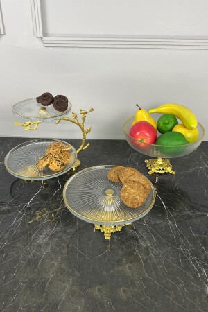 3-teiliges Glas-Servierset mit Beinen und Obstplätzchen-Kuchen-Dessert-Präsentationsschüssel-Teller-Set - 2