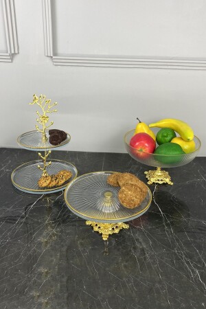 3-teiliges Glas-Servierset mit Beinen und Obstplätzchen-Plätzchen-Kuchen-Dessertschalen-Teller-Set - 1