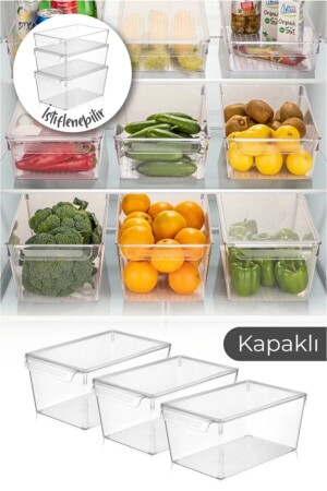 3-teiliges großes, abgedecktes Kühlschrank-Organizer-Organizer-Set, transparenter Gemüse- und Obst-Aufbewahrungsbehälter 3KAPAKLIBUYUK - 2