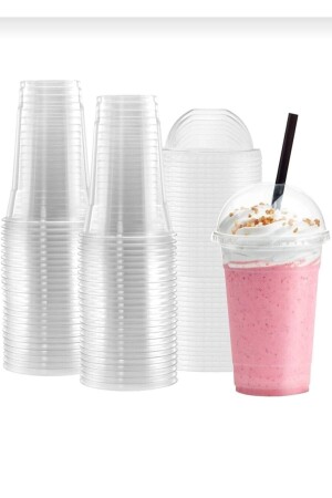 350 cc Plastik Pet Limonata Milkshake Bardağı 100 Adet Kapaklı ve Pipetli Miopetset100 - 1