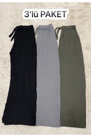 3er-Pack Damen-Cord-Pyjamahose aus gestreifter, gekämmter Baumwolle, Report-Pyjamahose, Trainingsanzug, Schwarz, geräuchert, Armeegrün, BM. CordedBottom. 3some - 8