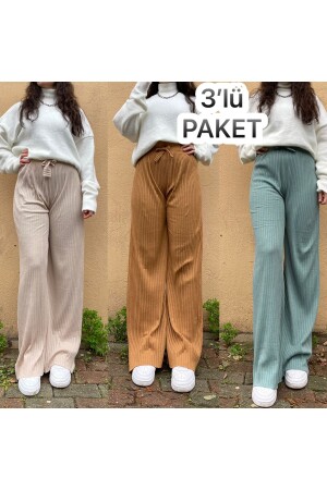 3er-Pack Damen-Pyjamahose aus gestreifter gekämmter Baumwolle aus Cord, Beige, Senf, Mintgrün, BM. CordedBottom. 3some - 1