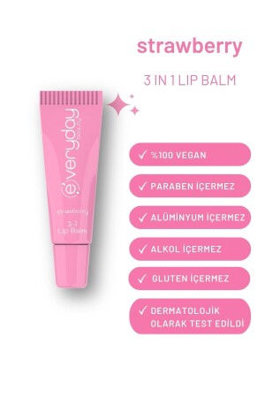 3in1 Lip Balm Çilek- Nemlendirici Besleyici Parlatıcı Dudak Bakım 10 ml - 3