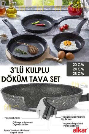 3'lü Alkar Saplı Döküm Tava Seti Yanmaz Yapışmaz Thermo Granit Tava Seti 20-24-28 Cm 3LUSAPLI - 2