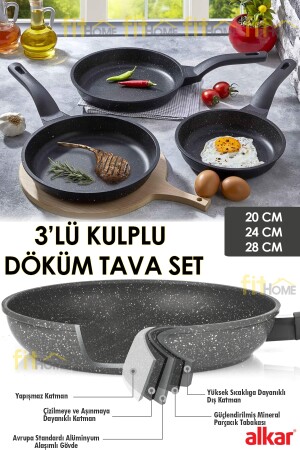 3'lü Alkar Saplı Döküm Tava Seti Yanmaz Yapışmaz Thermo Granit Tava Seti 20-24-28 Cm 3LUSAPLI - 3