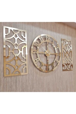 3lü Duvar Saati Ve Dekor Gold (SAAT 50X50CM DEKOR 24X50CM) Türk Rakamlı Mdf Üzeri Aynalı Pleksi 3800905 - 1