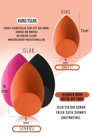 3'lü Kesik Uçlu Siyah Turuncu Fuşya Makyaj Süngeri - 6